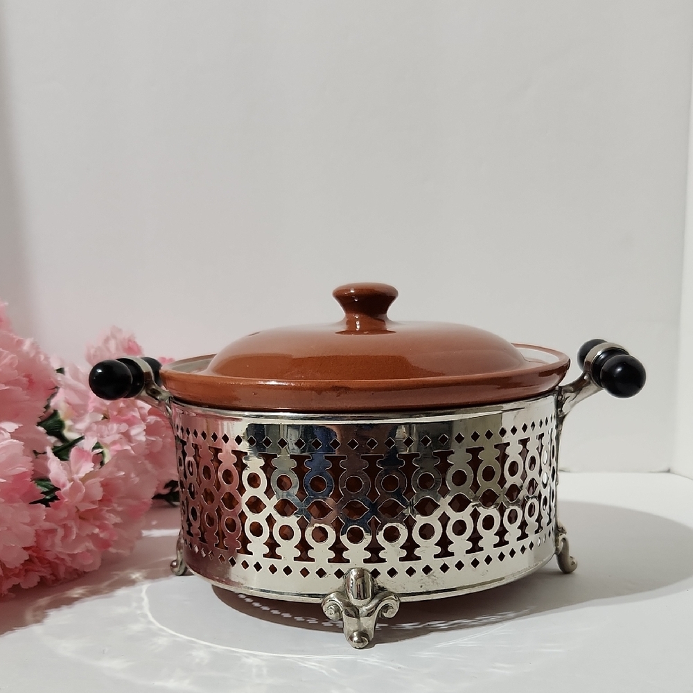 Antique Vintage Weller Round Crock With Cover & Metal Serving Stand With Handles